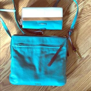 Fossil Aqua Crossbody Purse& Matching Wallet